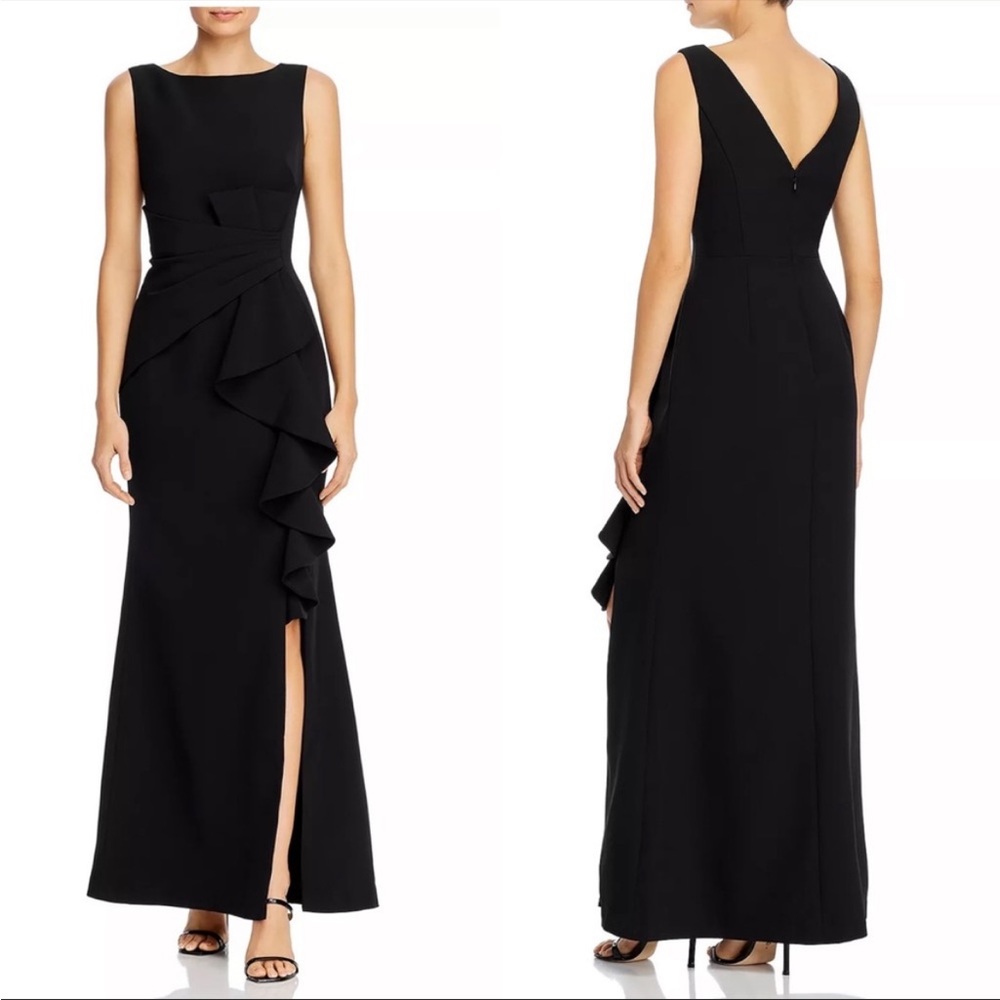 Eliza J Sleeveless Cascading-Ruffle Gown Black size 6 NEW
